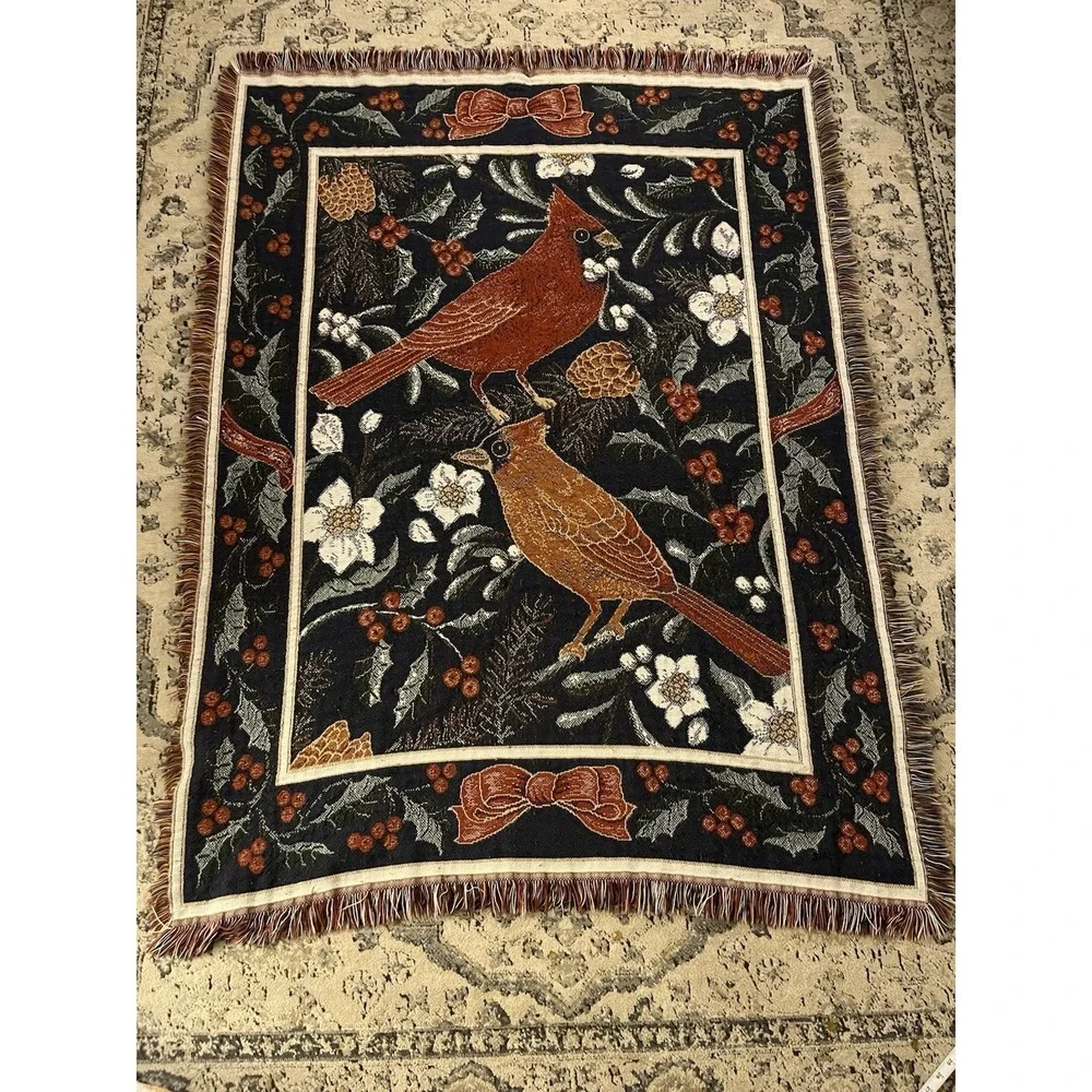 VTG Red Cardinal Holly Woven Tapestry Throw Blanket Jacquard Fringe Christmas